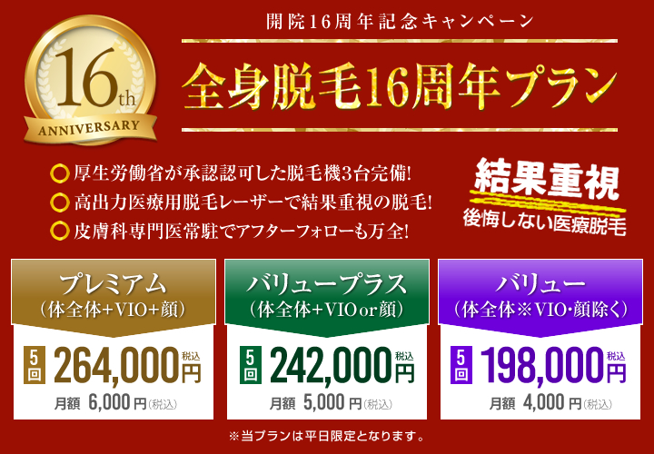 開院16周年記念キャンペーン「全身脱毛16周年プラン」