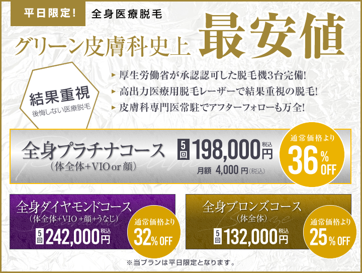 平日限定！全身医療脱毛プラン