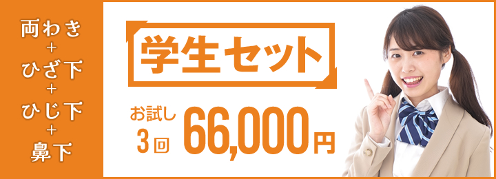 学生セット（両わき＋ひじ下＋ひざ下＋鼻下）　お試し3回　66,000円